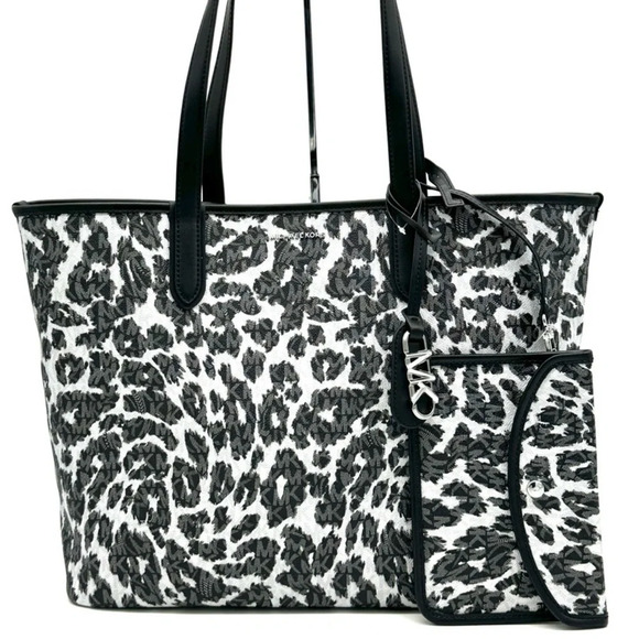 Michael Kors XL East West Tote Bag Leopard Print Black Multi - Picture 1 of 12